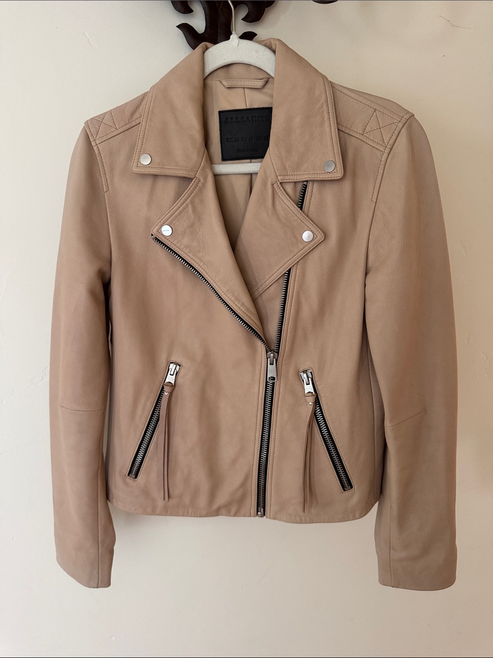 All Saints Women's Beige Leather Moto Jacket size 10